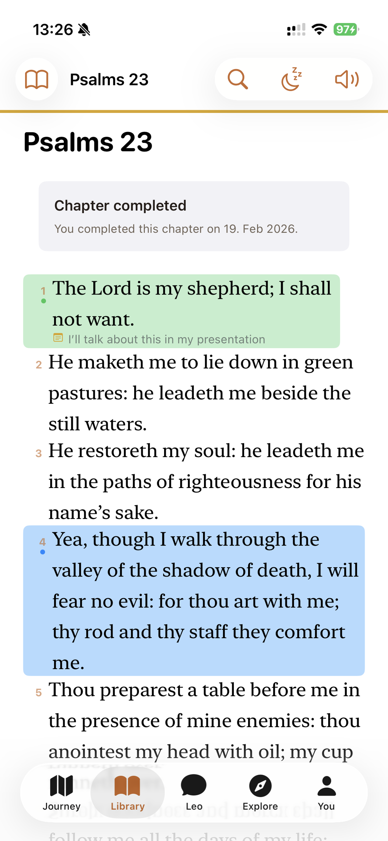 Bible reader with highlights, bookmarks, and annotations