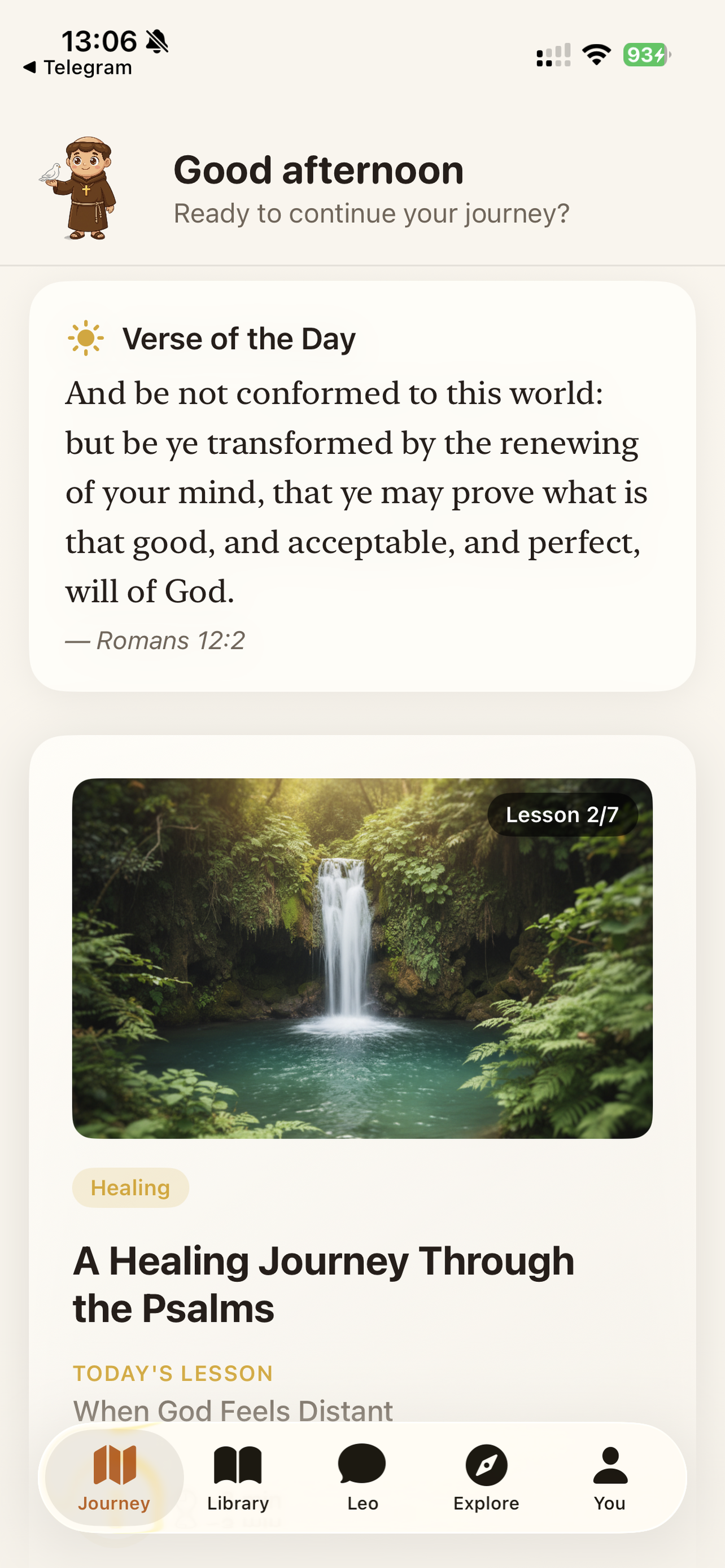 Home screen with daily verse, lesson cards, and streak tracking