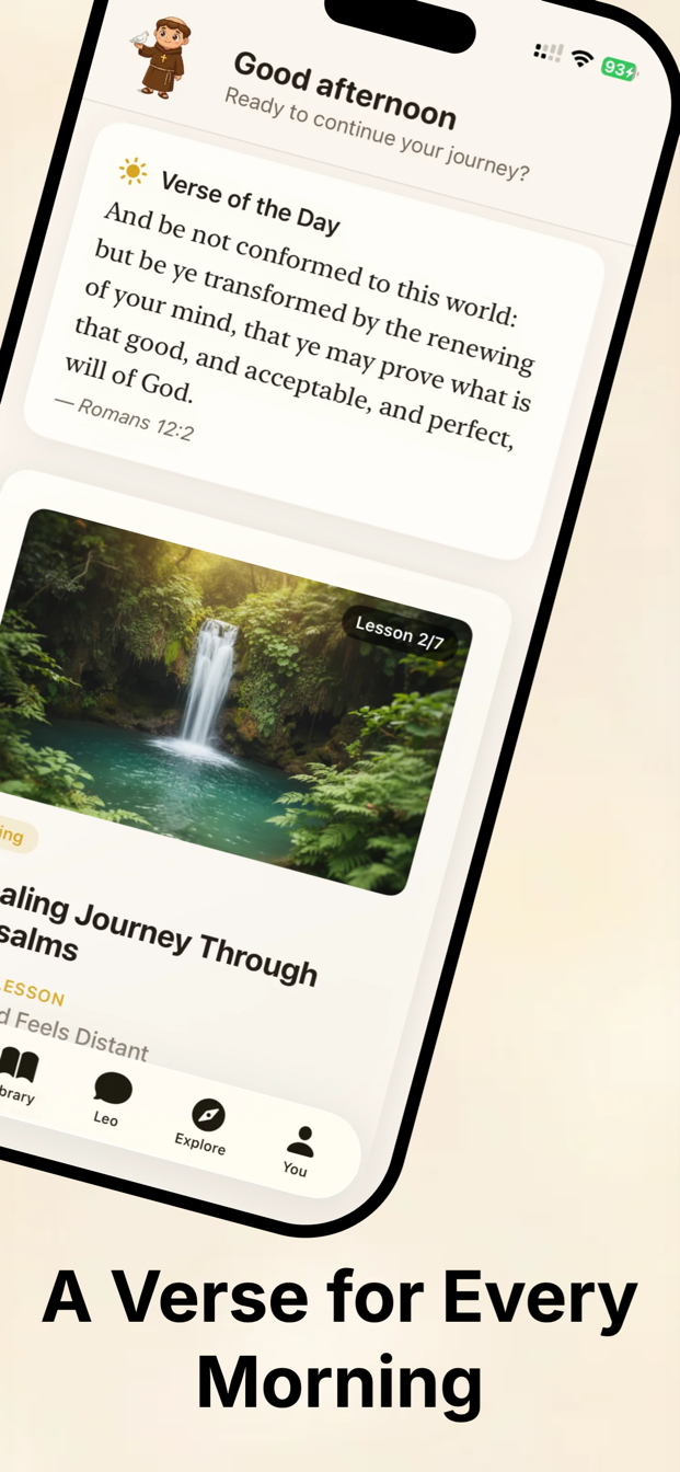 Father Leo app — daily verse and guided journey home screen