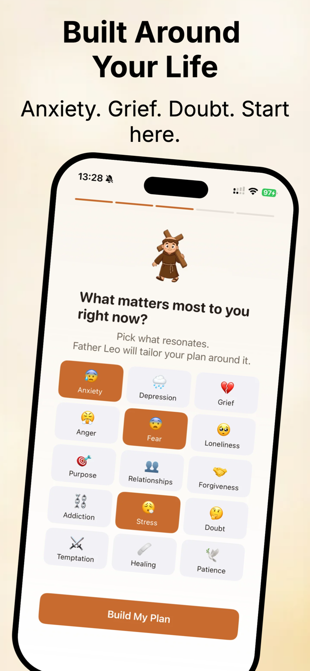 Father Leo app — personalized plans for anxiety, grief, doubt and more