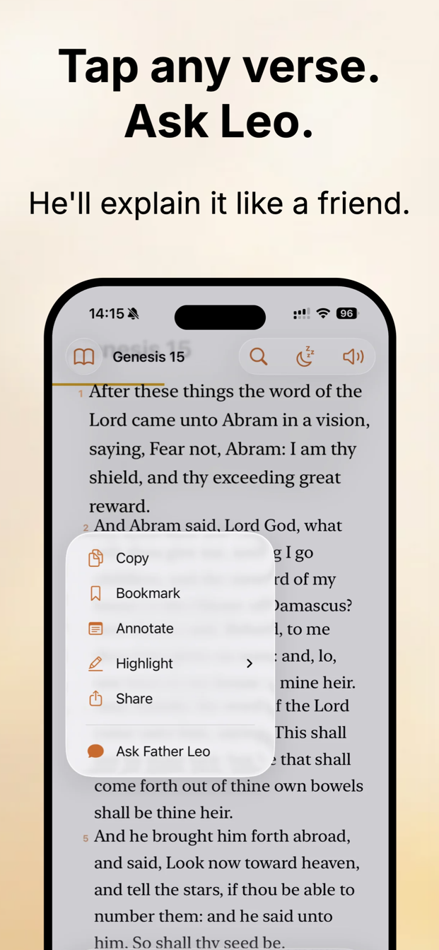 Father Leo app — tap any verse to ask Father Leo