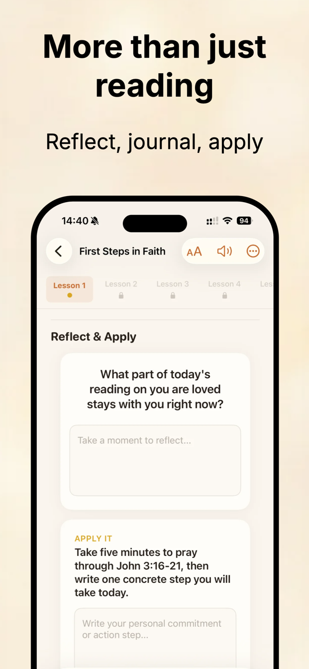 Father Leo app — reflect, journal, and apply after every lesson