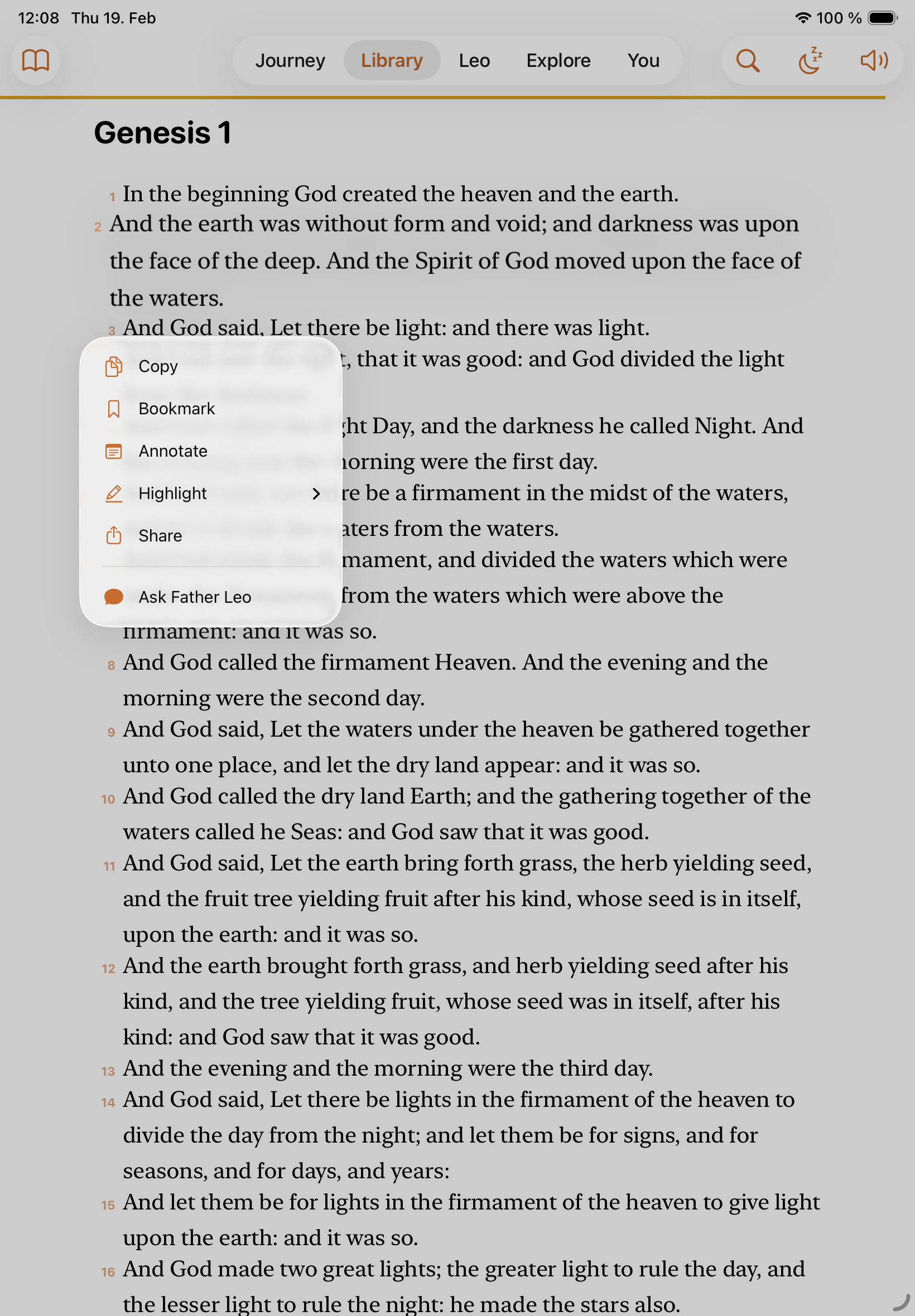 Bible reader on iPad with highlights and Ask Father Leo