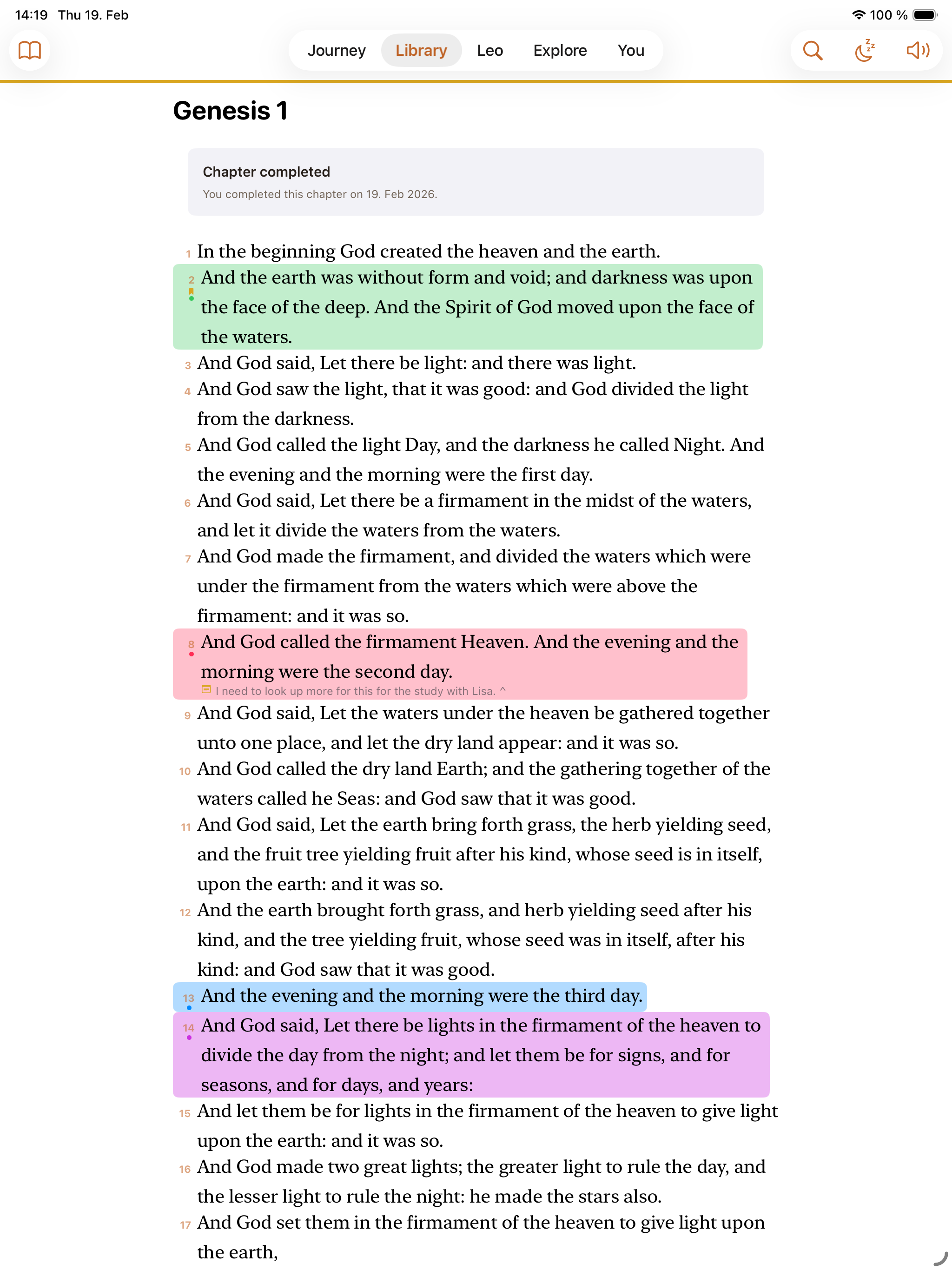 Bible reader with colored highlights on iPad