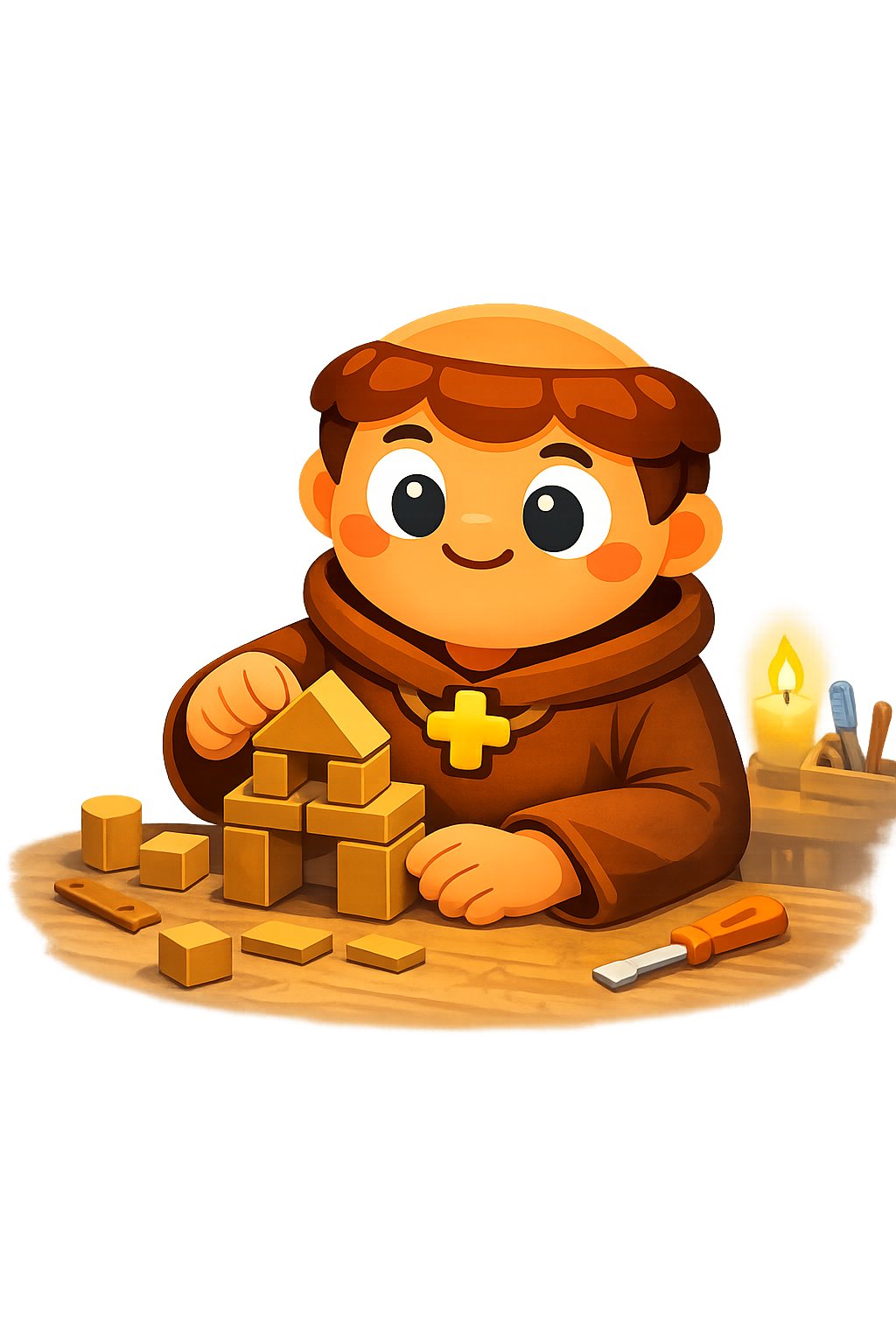 Father Leo building something with wooden blocks