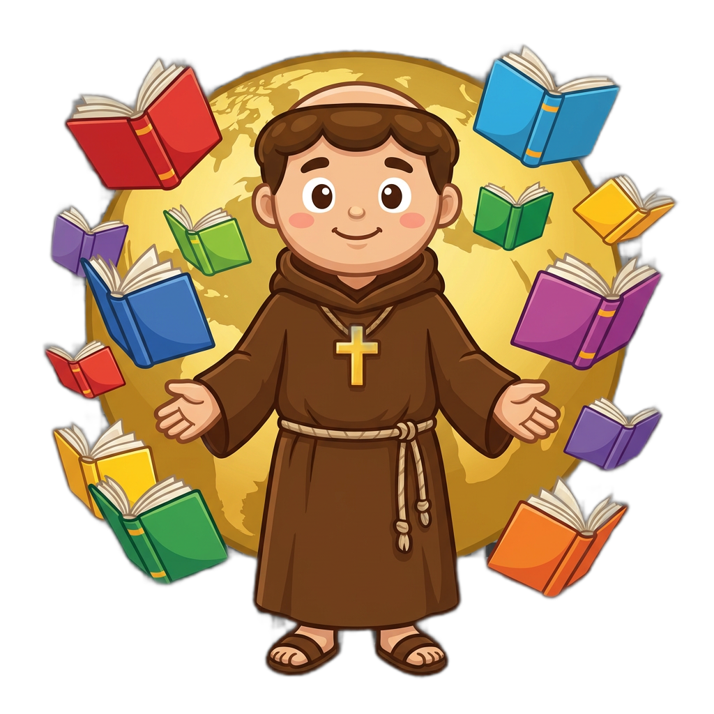 Father Leo with books representing different Bible translations