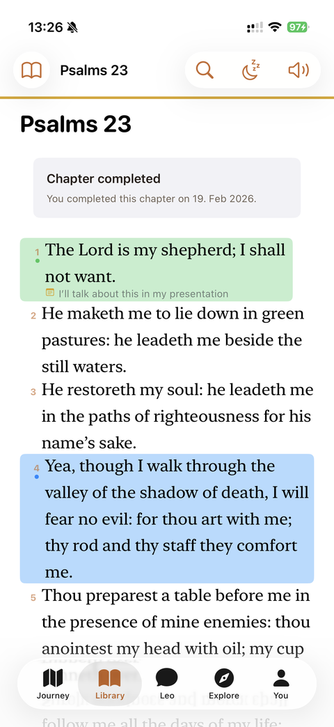 Bible reader with highlights, bookmarks, and annotations