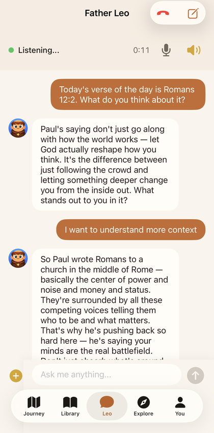 Voice call with Father Leo — real-time spiritual conversation